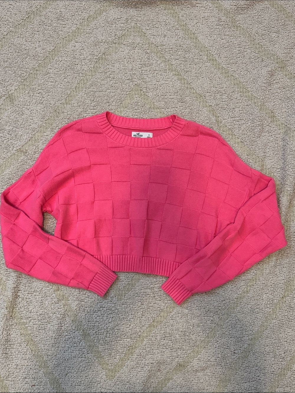 Hollister Hot Pink Cropped Checker-Knit Crew Sweater
